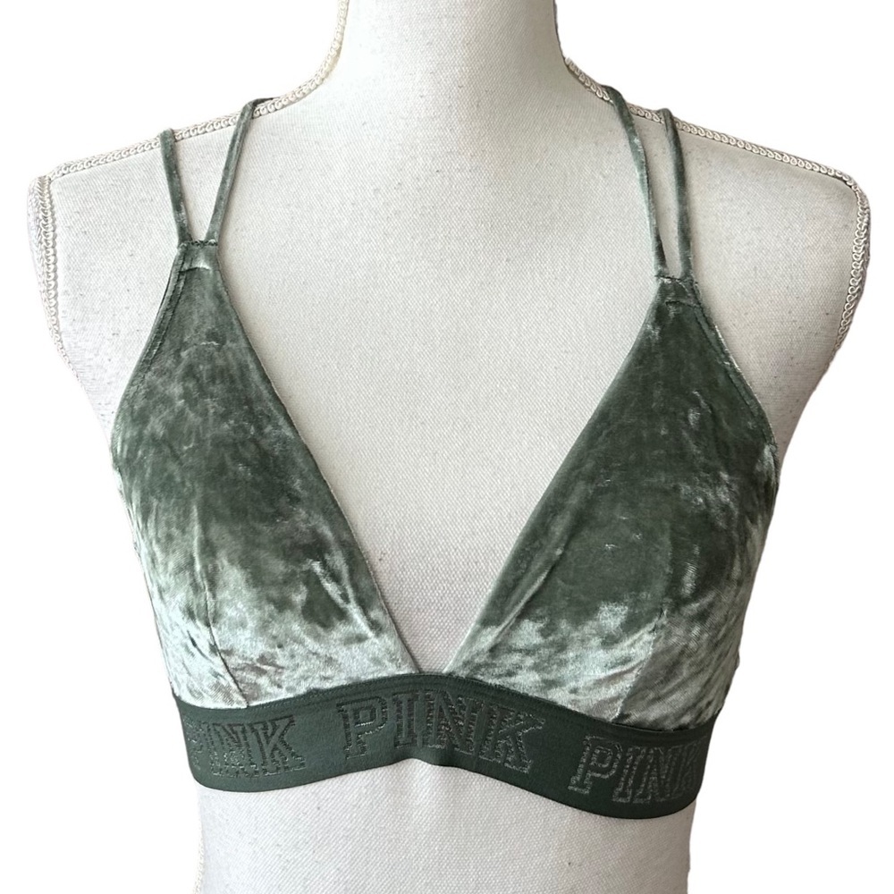 Victoria’s Secret PINK Triangle Cup Unlined Velvet Bralette Sz Small Moss Green - Picture 3 of 8